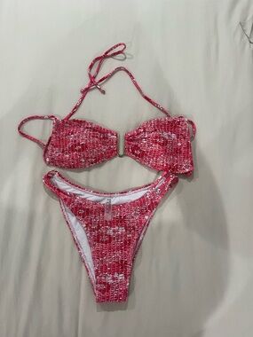 SHEIN Pink Red Textured Bandeau Bikini Set